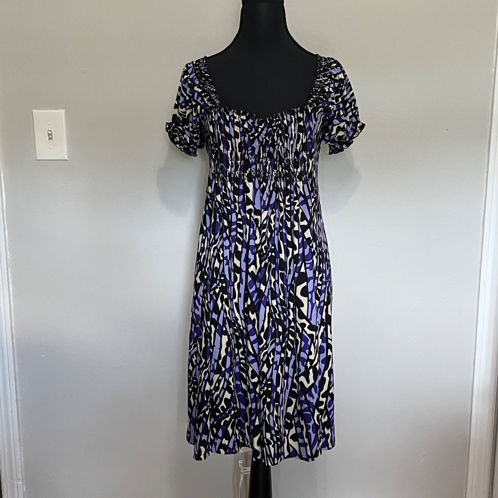 BCBGMaxAzria Smocked Puff Sleeve Princess Neckline Knee Length Dress Size Medium